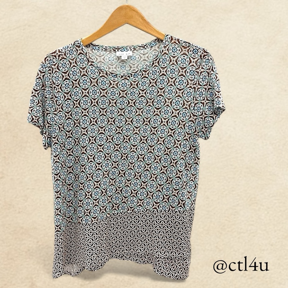 J.Jill 100% Linen Top M Floral Mosaic Print Soft Easy Fit Boho Travel Coastal